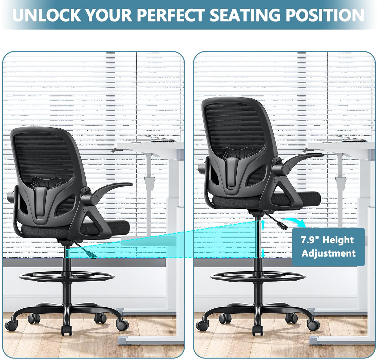 Kensaker Tall Drafting Chair with Footrest Ring for Home and Work, Ergonomic Home Desk Office Chair with Flip up Arms and Lumbar Support, Tall Extended Height Executive Home Desk Office Chair(Black) Kensaker