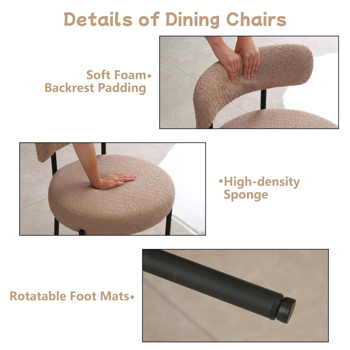 AISALL Dining Chairs Set of 2 Round Upholstered Boucle Dining Room Chairs Mid-Century Modern Kitchen Chairs Curved Backrest Chairs for Dining Room Black Metal Legs, Light Brown AISALL