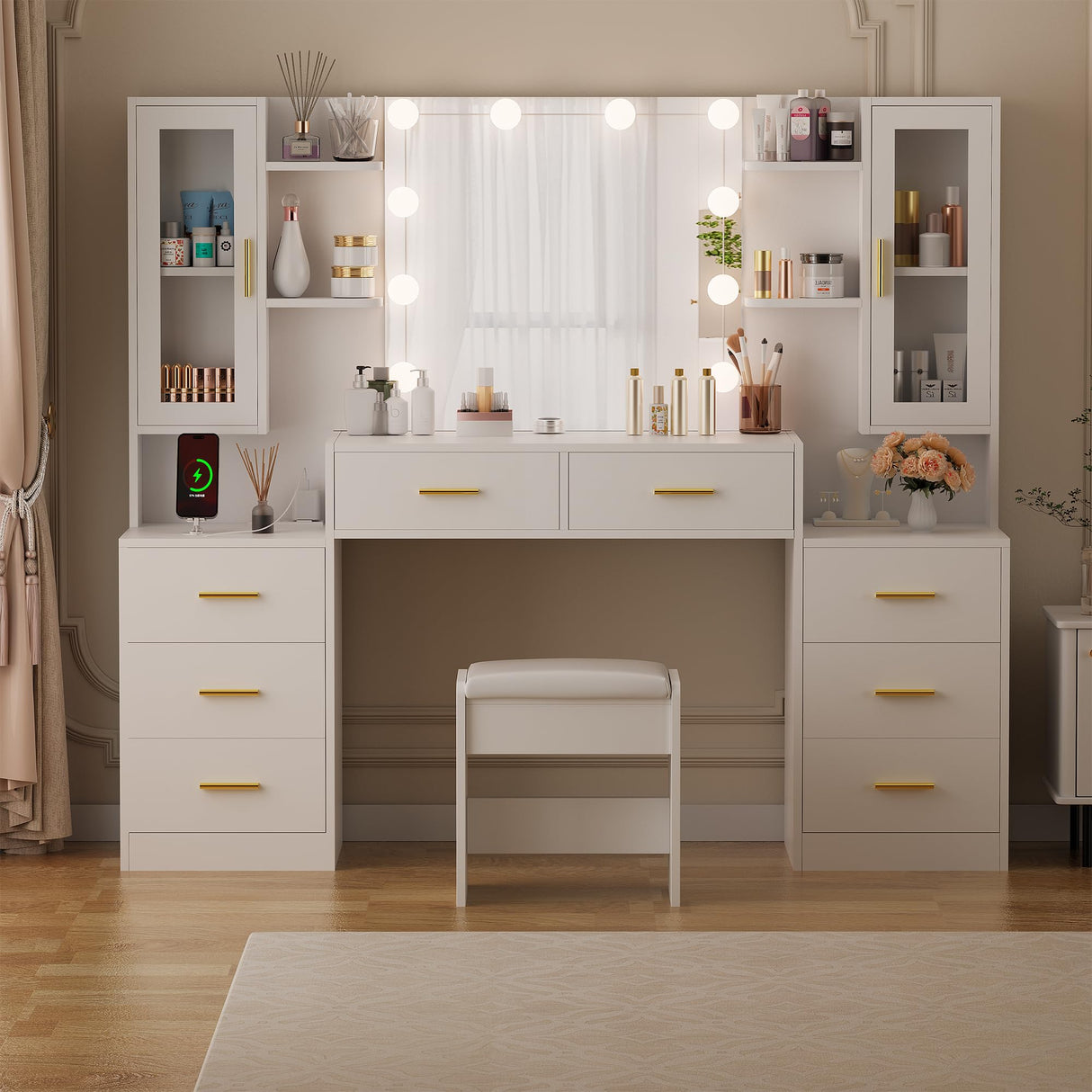 ANWBROAD 59.1" Large Vanity Desk Table with Mirror & Lights White Makeup Vanity with Power Outlet and 8 Drawers 2 Cabinets 3 Lighting Modes Adjustable Vanity Table for Bedroom Dressing Room UBDT67W ANWBROAD