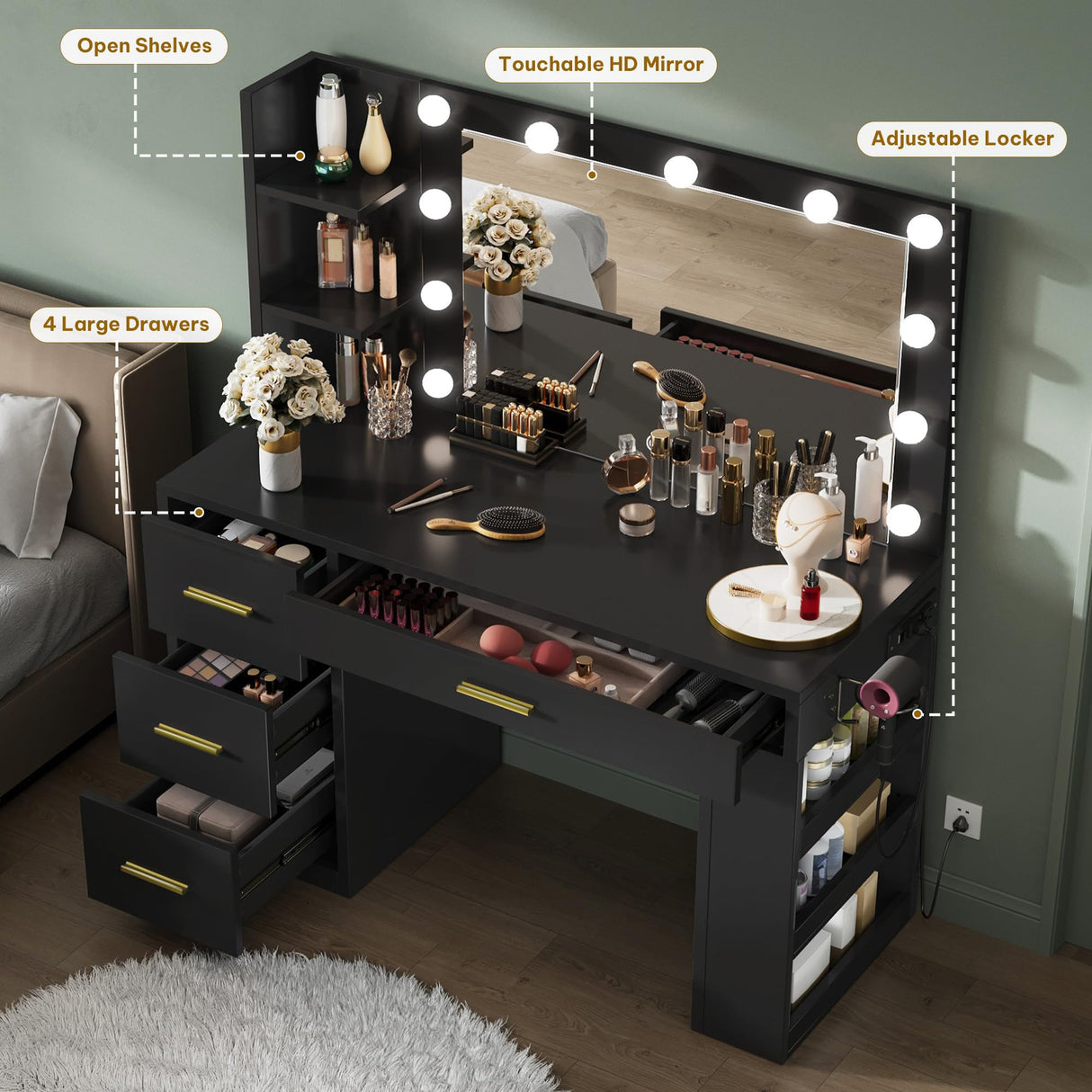 YITAHOME Vanity Desk with Mirror and Lights, Makeup Table with Charging Station, Large Vanity Set with 4 Drawers, Cute Makeup Desk with 6 Storage Shelves, Black YITAHOME