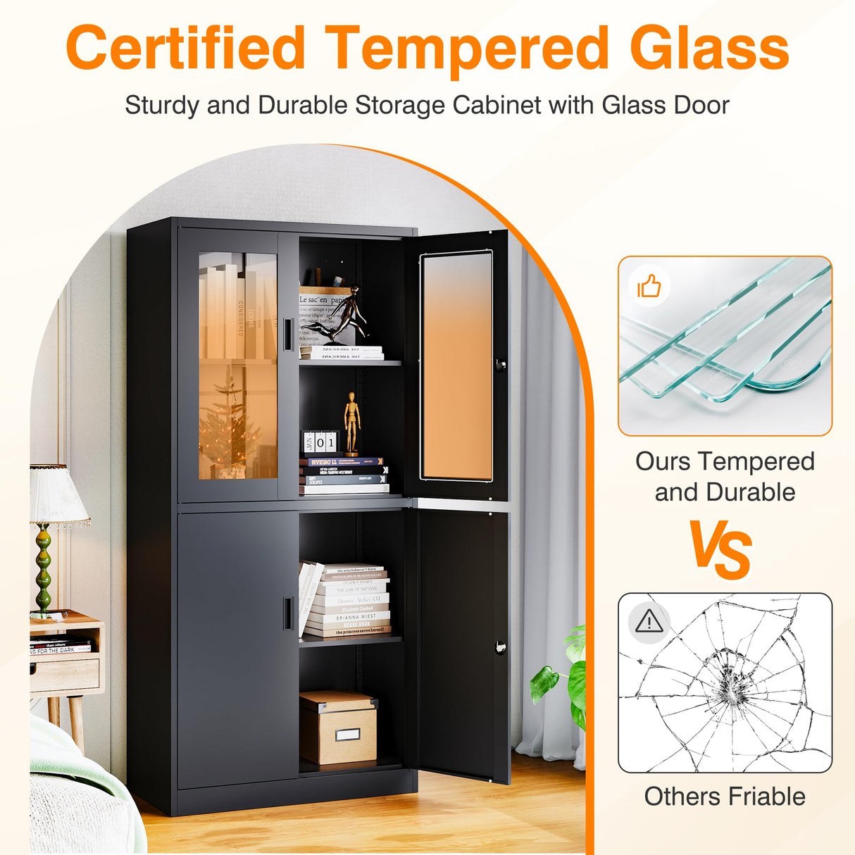 LISSIMO Metal Storage Cabinet with Glass Doors, Lockable Office Cabinet, 71" Tall Steel Cabinet with Adjustable Shelves for Home Office,School and Hospital (Black) LISSIMO