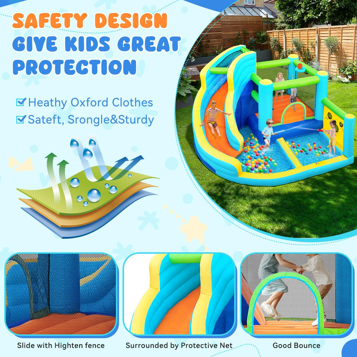 FBSPORT Inflatable Bounce House, Water Slide Park Slide Bouncer with Ball Shooting, Climbing Wall, Jumping and Splash Pool, Kids Bouncy Castle with 450W Air Blower for Outdoor Backyard FBSPORT