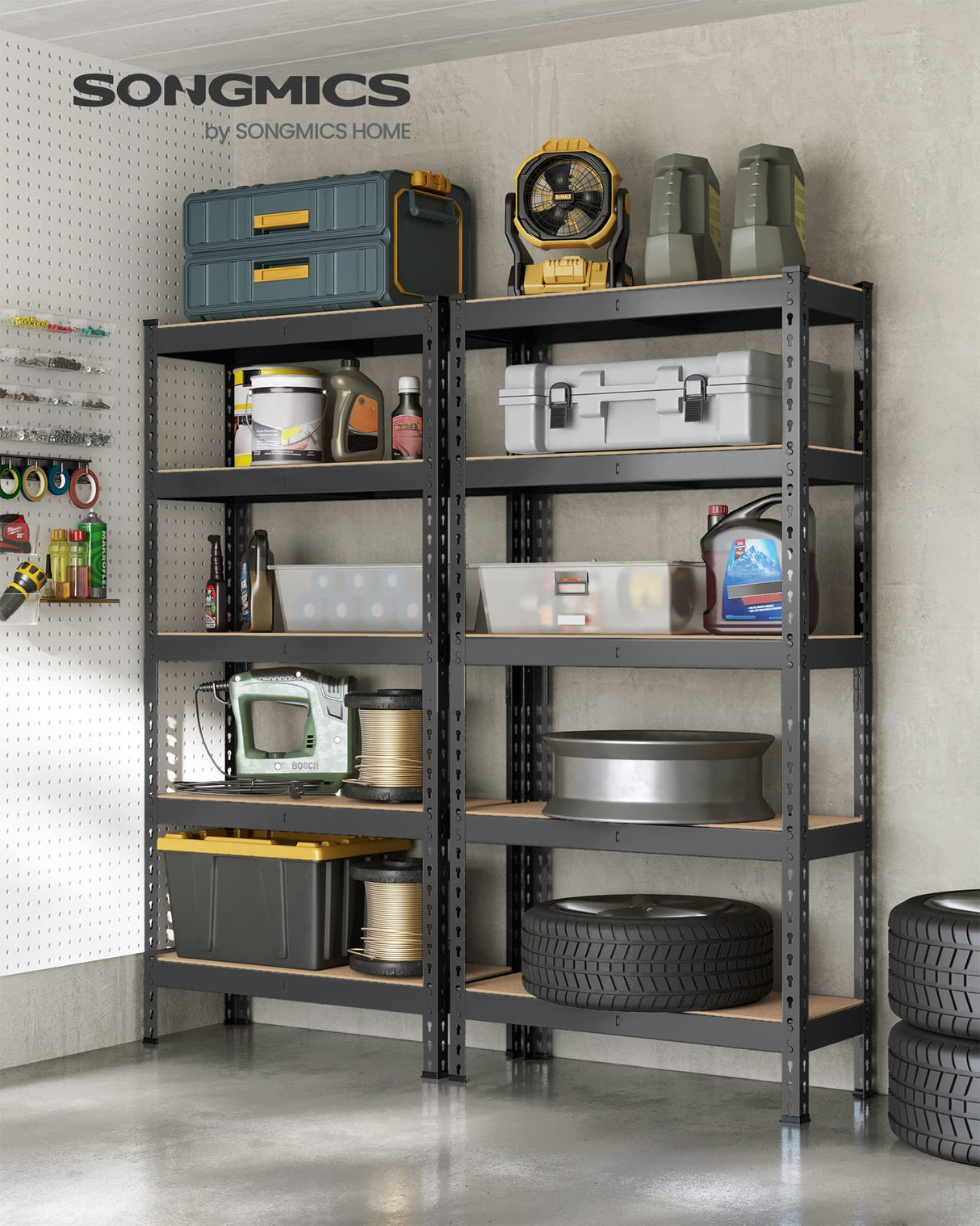 SONGMICS 5-Tier Storage Shelves, Set of 2 Garage Storage, Boltless Assembly, Adjustable Shelving Units, 11.8 x 29.5 x 59.1 Inches, Load 1929 lb Each, Shed Warehouse Basement, Black UGLR300B02 SONGMICS