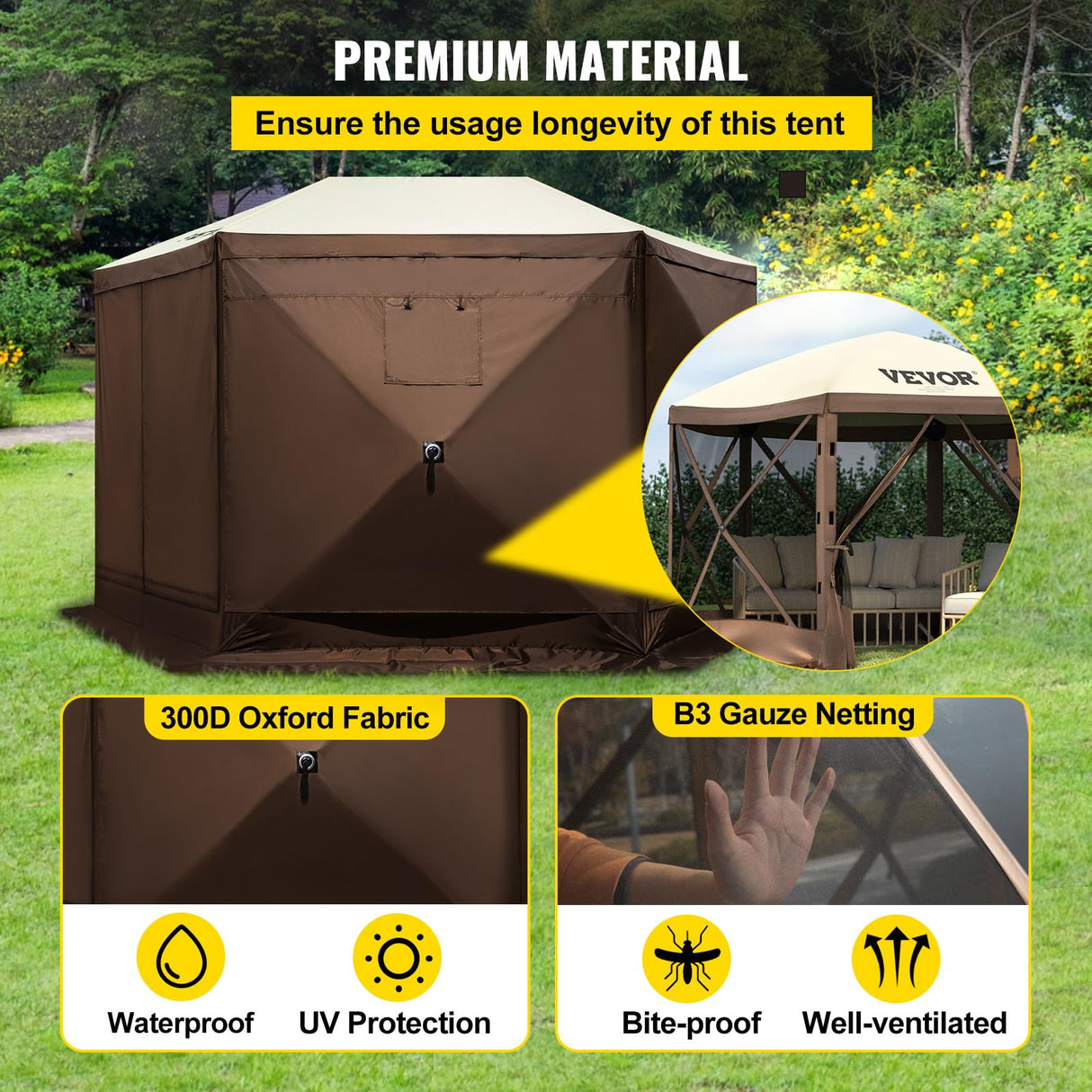 VEVOR 12 * 12ft 6 Sided Pop-up Canopy Shelter Tent with Mesh Windows, Portable Carry Bag, Stakes, Large Shade Tents for Outdoor Camping, Lawn and Backyard, Brown/Beige VEVOR