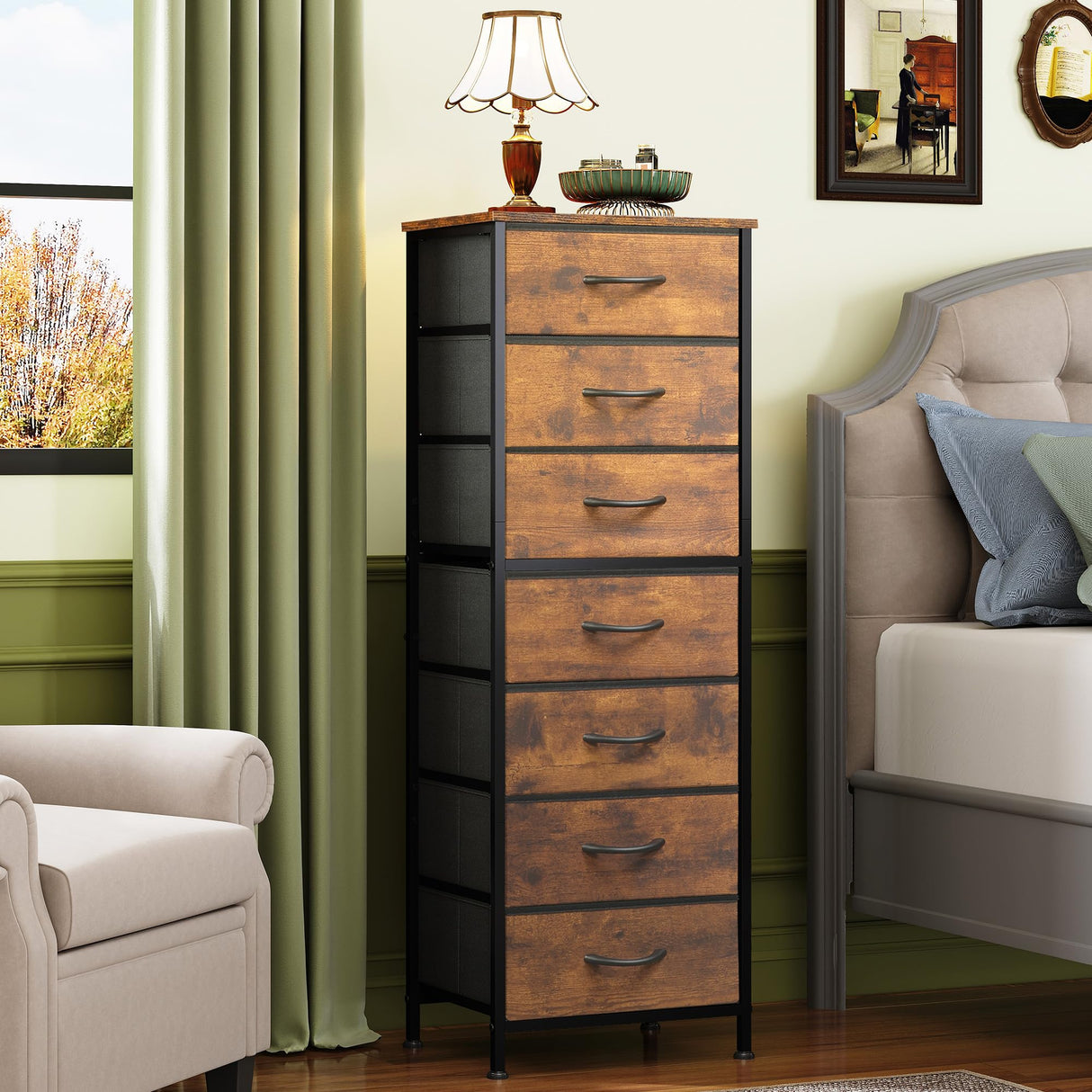 WLIVE Tall Dresser for Bedroom, 7 Drawer Dressers & Chests of Drawers, Fabric Dresser for Closet, Night Stand with Metal Frame, Storage Tower with Fabric Bins, Wood Top, Rustic Brown Wood Grain Print WLIVE