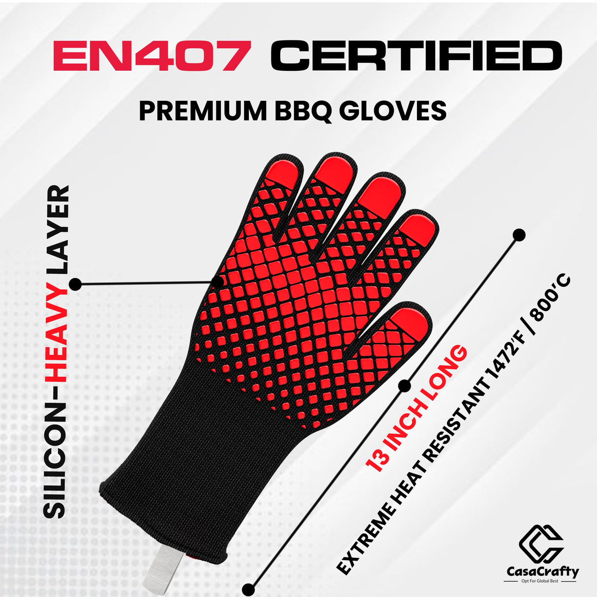 Pro-Series EN 407 Certified BBQ Gloves - Extreme Heat Resistant Grill Gloves (1472℉/800℃), Heatproof/Fireproof Protection Oven Mitts for Grilling, Cooking, Baking, Camping, and Welding - 1 Pair Casacrafty
