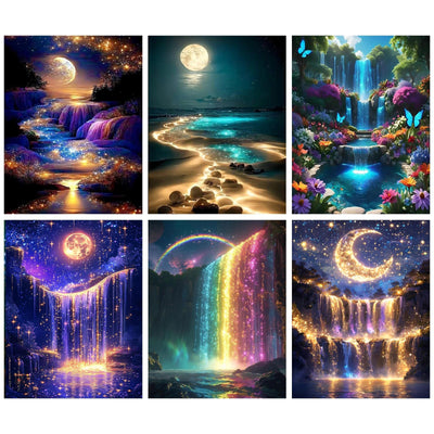 Mowana Diamond Art Kits for Adults - Moon Landscape Diamond Painting Kits for Beginners, Moonlight Beach 5D DIY Round Drill Rhinestone Gem Art Painting for Home Wall Decor and Gifts 6Pack 12x16inch