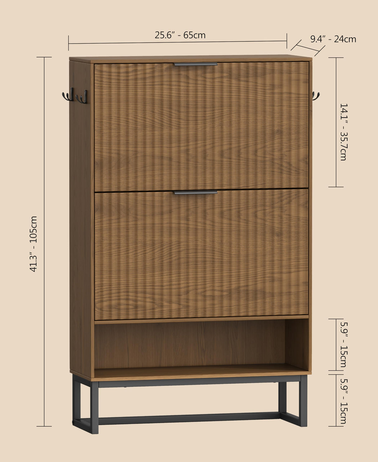 Akxomel Fluted Shoe Storage Cabinet, Narrow Hidden Shoe Rack Cabinet with Metal Legs, Narrow Shoe Organizer, 2 Flip Drawers, for Entryway, Hallway, Living Room, Walnut Akxomel