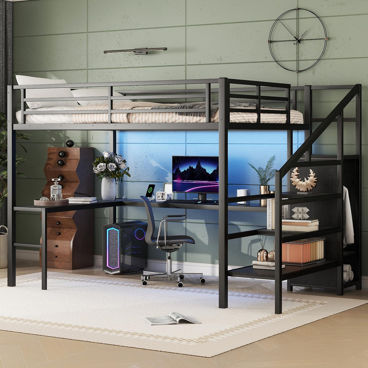 Queen Loft Bed with Stairs and Wardrobe, Queen Size Loft Bed with Desk and Storage, Metal Loft Bed with Charging Station and Light, Queen Size Loft Bed for Adults, Teens, Kids(Balck Queen) Bellemave