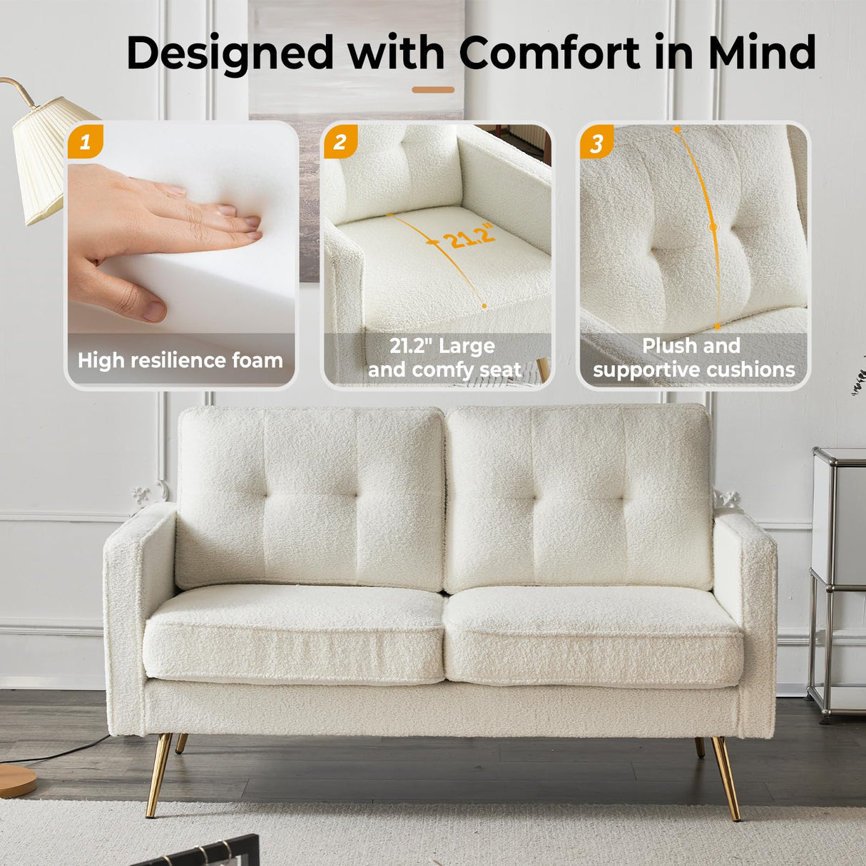 VINGLI 56" Modern White Loveseat,Small Sofa Couch with Deep Seat for Living Room,Faux Sherpa 2-Seater Sofa for Bedroom,Apartment,Office,Dorm,Small Space VINGLI