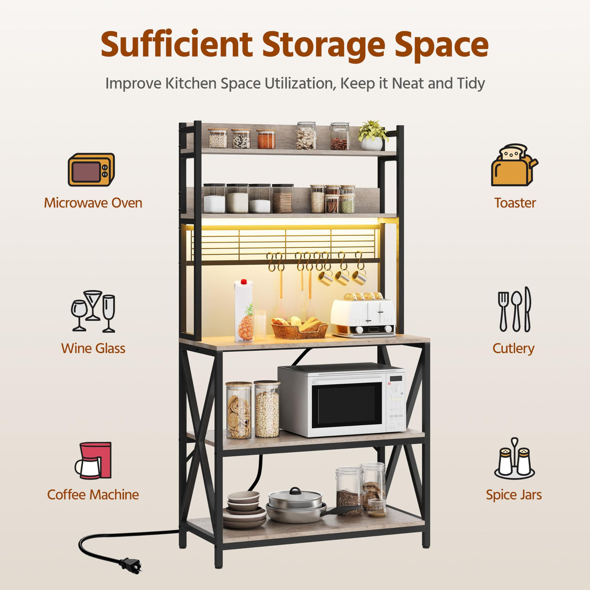 Yaheetech Kitchen Bakers Rack with Power Outlet & LED Lights, 5 Tiers Coffee Bar Table with 8 S Hooks, 64 Inches Tall Microwave Oven Stand with Storage for Spices, Pots, Gray Yaheetech
