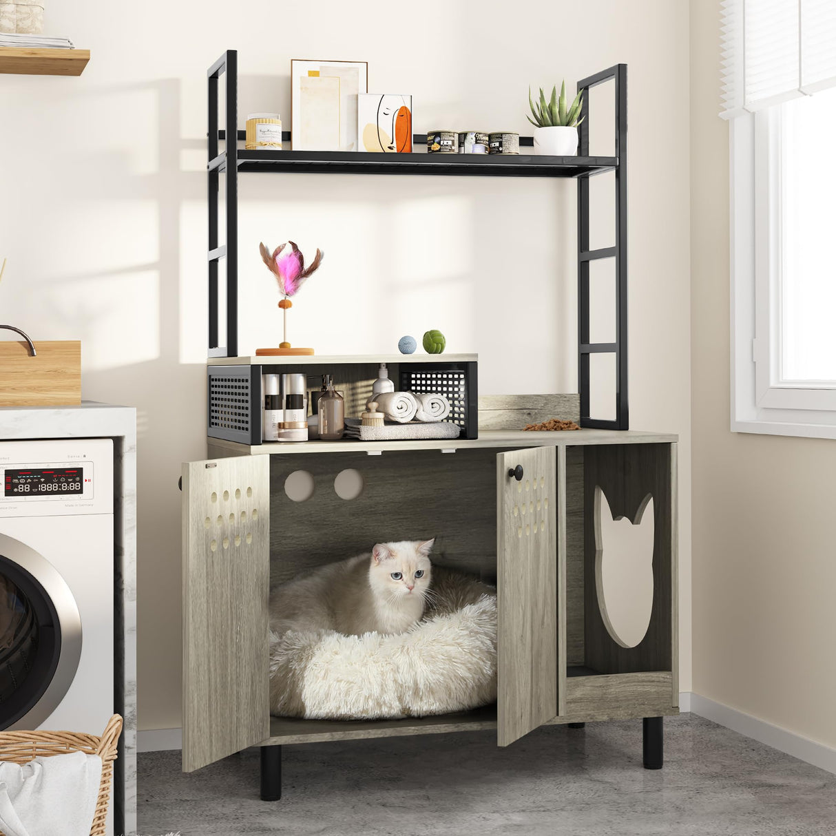 YITAHOME Cat Litter Box Enclosure with Shelves Storage, 54" Hidden Litter Box Furniture with Cat Bowl and Cat Litter Mat, Grey YITAHOME