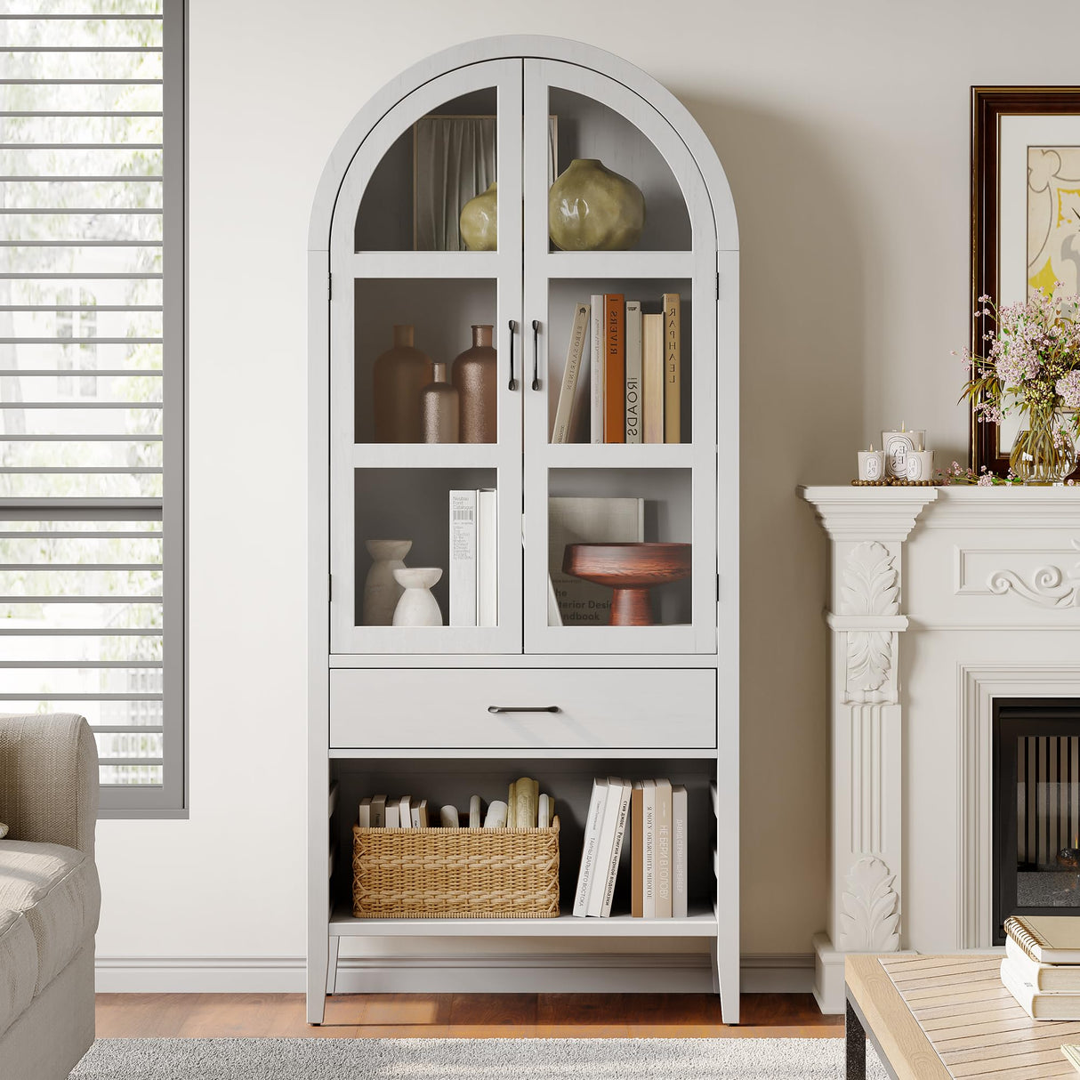 ONBRILL 71" Tall Wine Bar Cabinet, Arched Storage Cabinets with Door, Whiskey Station with Wine Rack and Glass Holder, Liquor Bar Cabinet for Home Kitchen Living Dining Room (Off White) ONBRILL