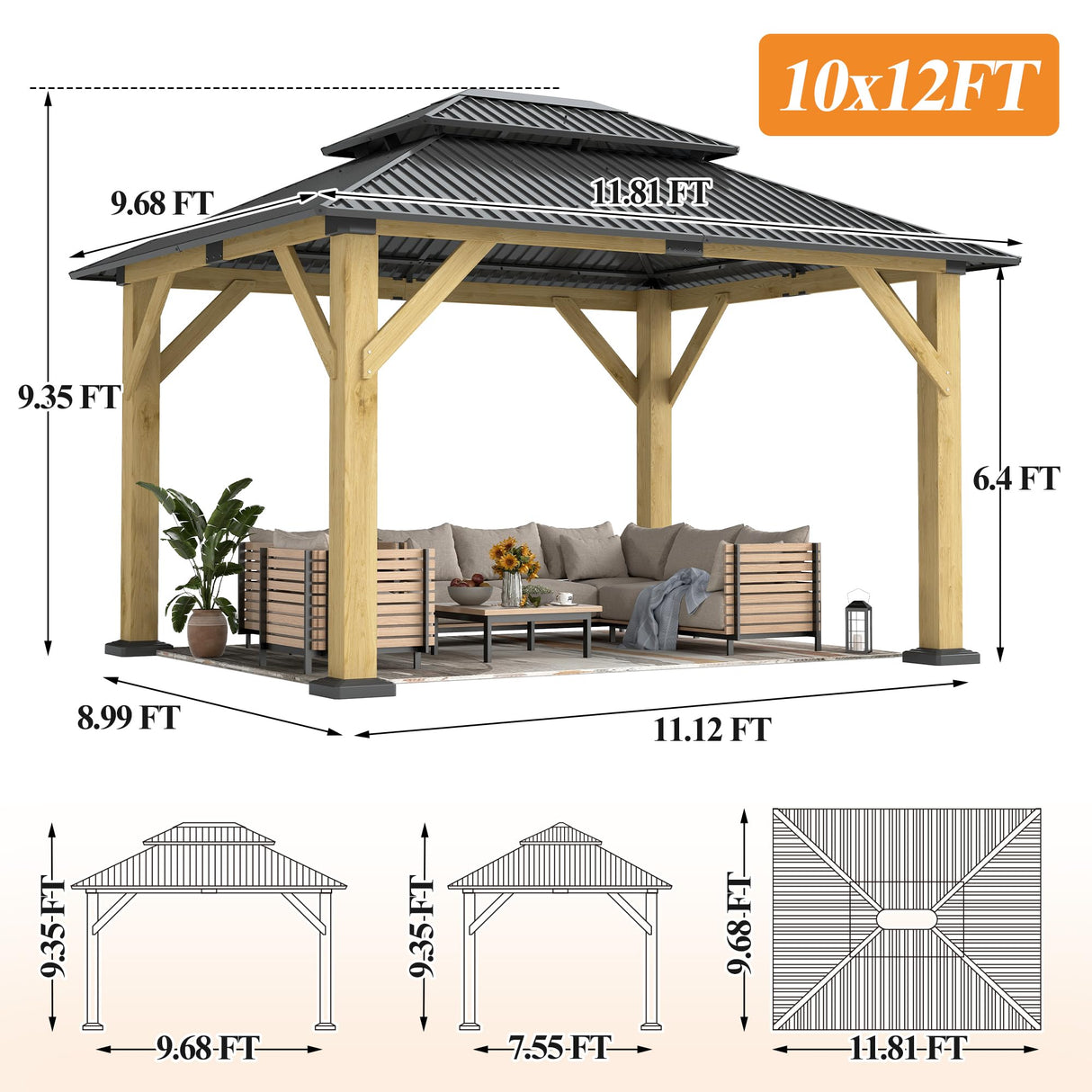 GARTOO 10' x 12' Outdoor Wooden Gazebo - Patio Hardtop Gazebo Permanent Wooden Pavilion with Galvanized Steel Double Roof, Cedar Wood Gazebos for Garden, Lawn, Poolside, Backyard Deck GARTOO