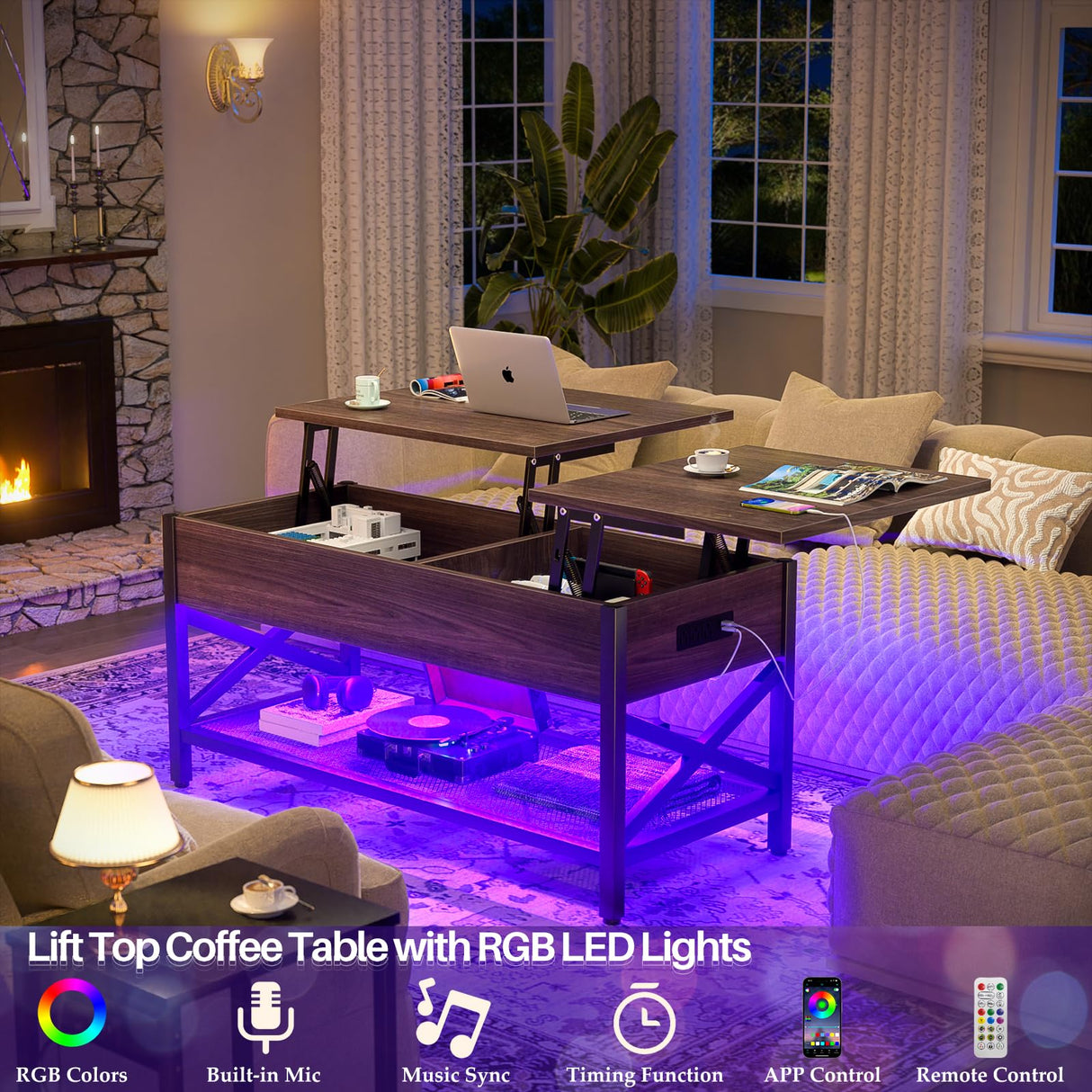 Aheaplus Coffee Table, Lift Top Coffee Table with LED light and Power Outlet, Modern Lift-Top Table with Storage Shelf, Center Table for Living Room with Lift Tabletop, X Support Metal Frame, Espresso Aheaplus