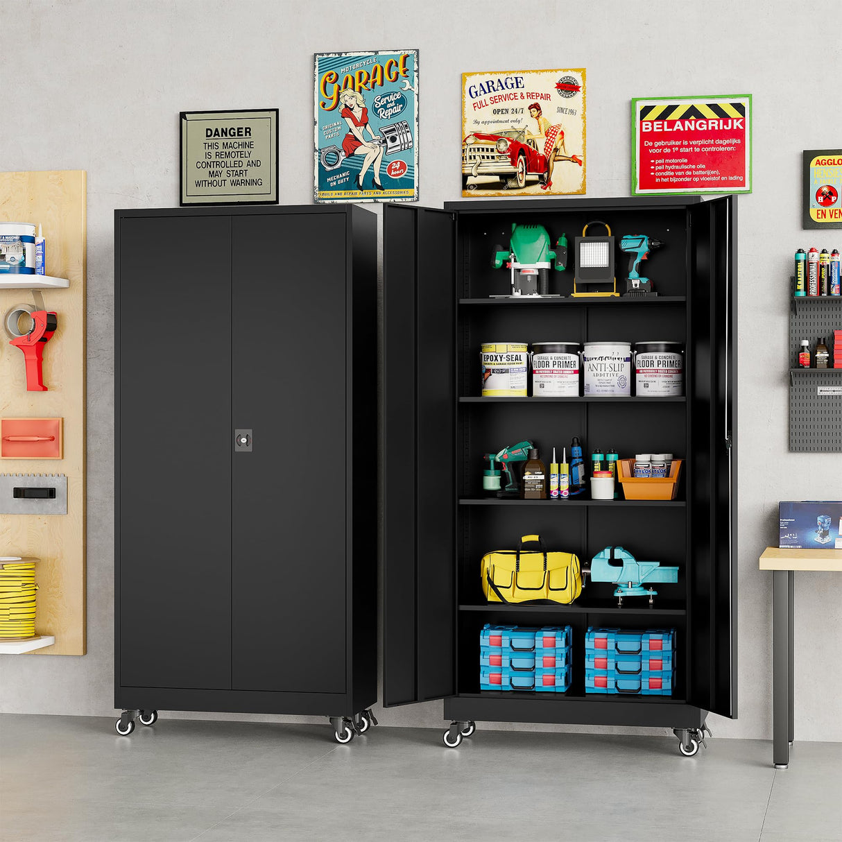 SISESOL Metal Storage Cabinet with Wheels,Rolling Garage Storage Cabinet with Lock,Black Metal Cabinet with Wheels and Shelves,Tool Cabinet,Tall Storage Cabinet on Wheels for Garage,Home,Office,Shop SISESOL