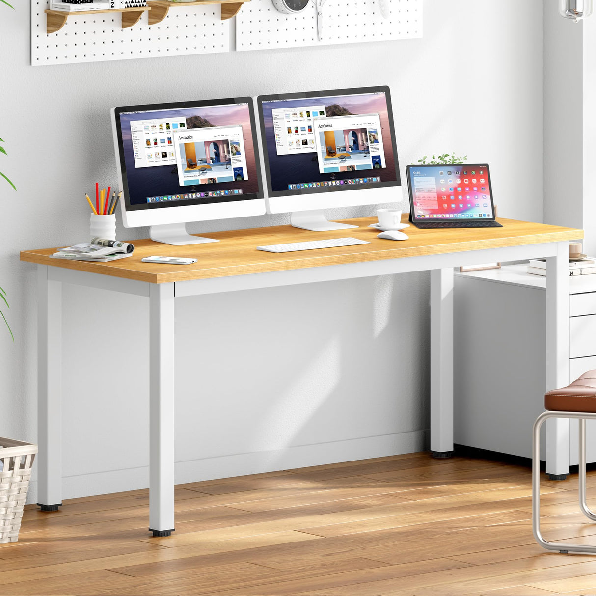 DlandHome 63 inches X-Large Computer Desk, Composite Wood Board, Decent and Steady Home Office Desk/Workstation/Table, BS1-160TW Teak and White Legs, 1 Pack DlandHome