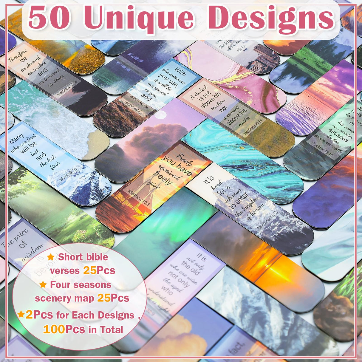 100 Pack Bible Magnetic Bookmarks Christian Scenery Magnet Bookmark Clips for Women Men Book Lovers Bible Page Markers for Teachers Students Reading School Office Home, Printing on 2 Side Diteryy