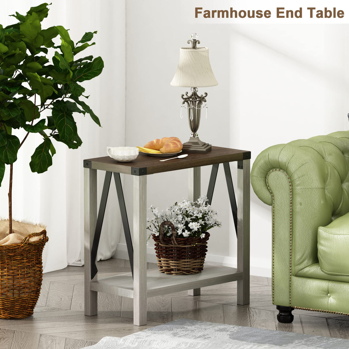 ChooChoo Farmhouse End Table Set of 2, Narrow Side End Table with Storage Shelf, Rustic A-Design Nightstand Sofa Table for Living Room, Bedroom(White&Brown) ChooChoo