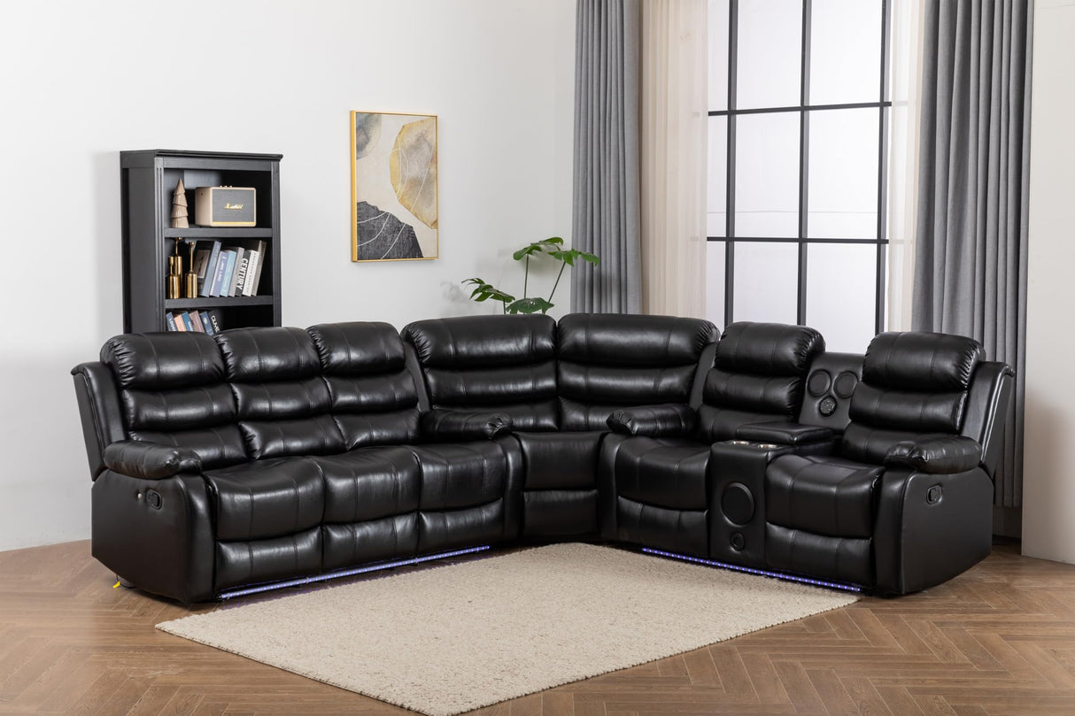 INSTORY 6-Seater Reclining Sofa Set, Faux Leather Living Room Set, Bluetooth Speakers, LED Lights, Drop Down Table, Cup Holders, USB Outlet, Storage Box (Black) INSTORY