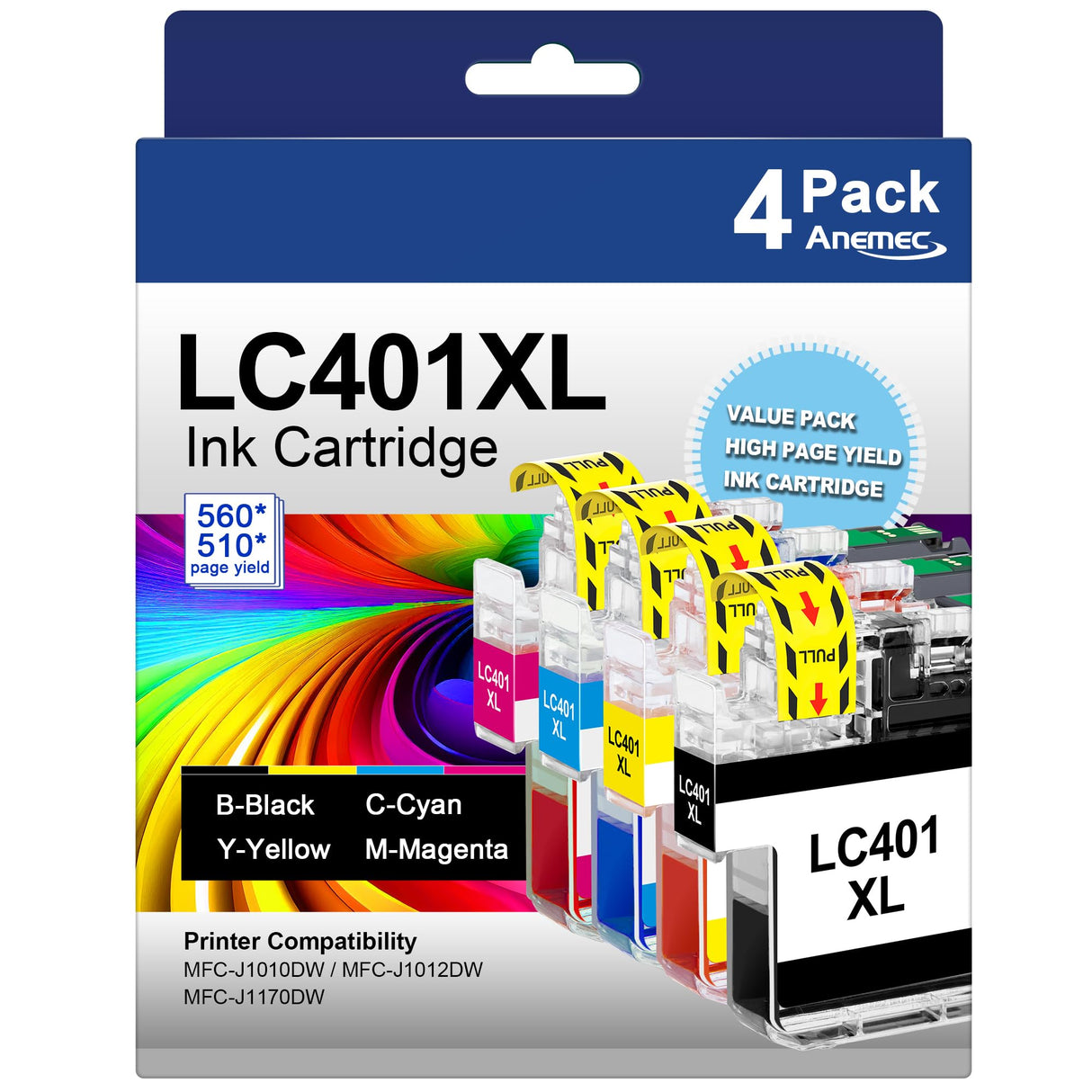 LC401XL Ink Cartridges for Brother Printer High Yield Replacement for Brother LC401 XL Ink Cartridges Work with Brother MFC-J1010DW MFC-J1012DW MFC-J1170DW Printer (4 Pack,Black Cyan Magenta Yellow) Anemec