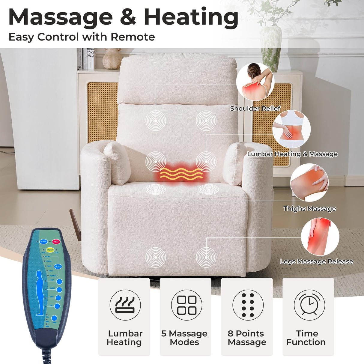 Rhevoy Oversized Swivel Recliner Chair with Massage and Heat, Rocking Chair Nursery with Adjustable Headrest, Rocking Chair Nursery Glider Chairs with 2 Pillows, Glider Rocker Recliner, White Rhevoy