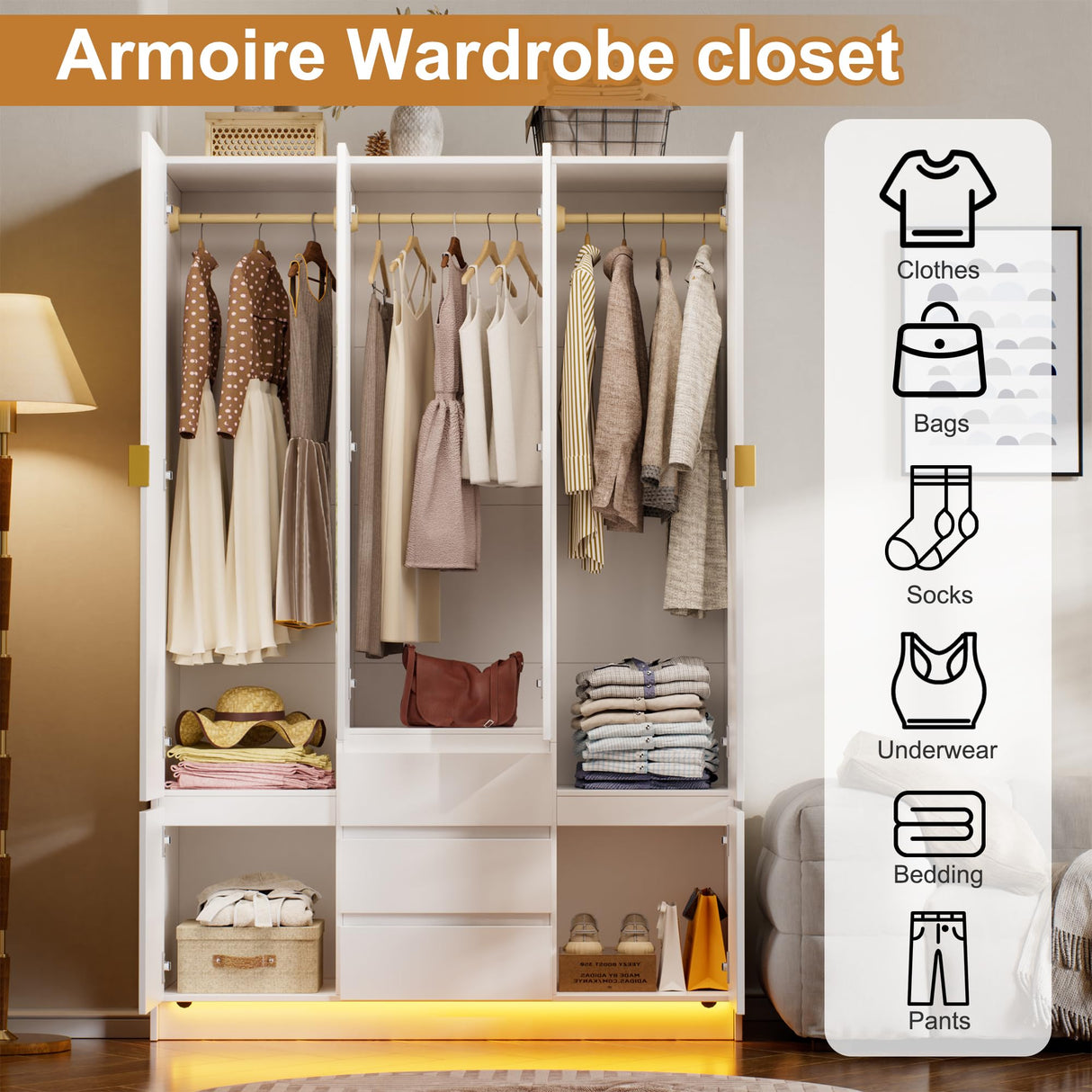 PAKASEPT 4 Doors Armoire Wardrobe Closet with Led Light & Mirror, Bedroom Large Capacity Freestanding Armoire Wardrobe with Drawers, Storage Cabinet with Hanging Rod Storage Closet for Bedroom PAKASEPT