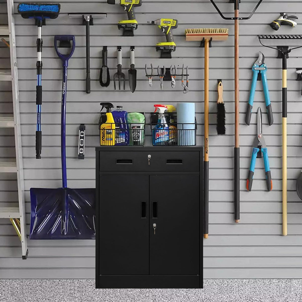 BESFUR Locking Storage Cabinet, Metal Cabinet with Oversized Drawer, Office Storage for Home, Garage, School - Black BESFUR