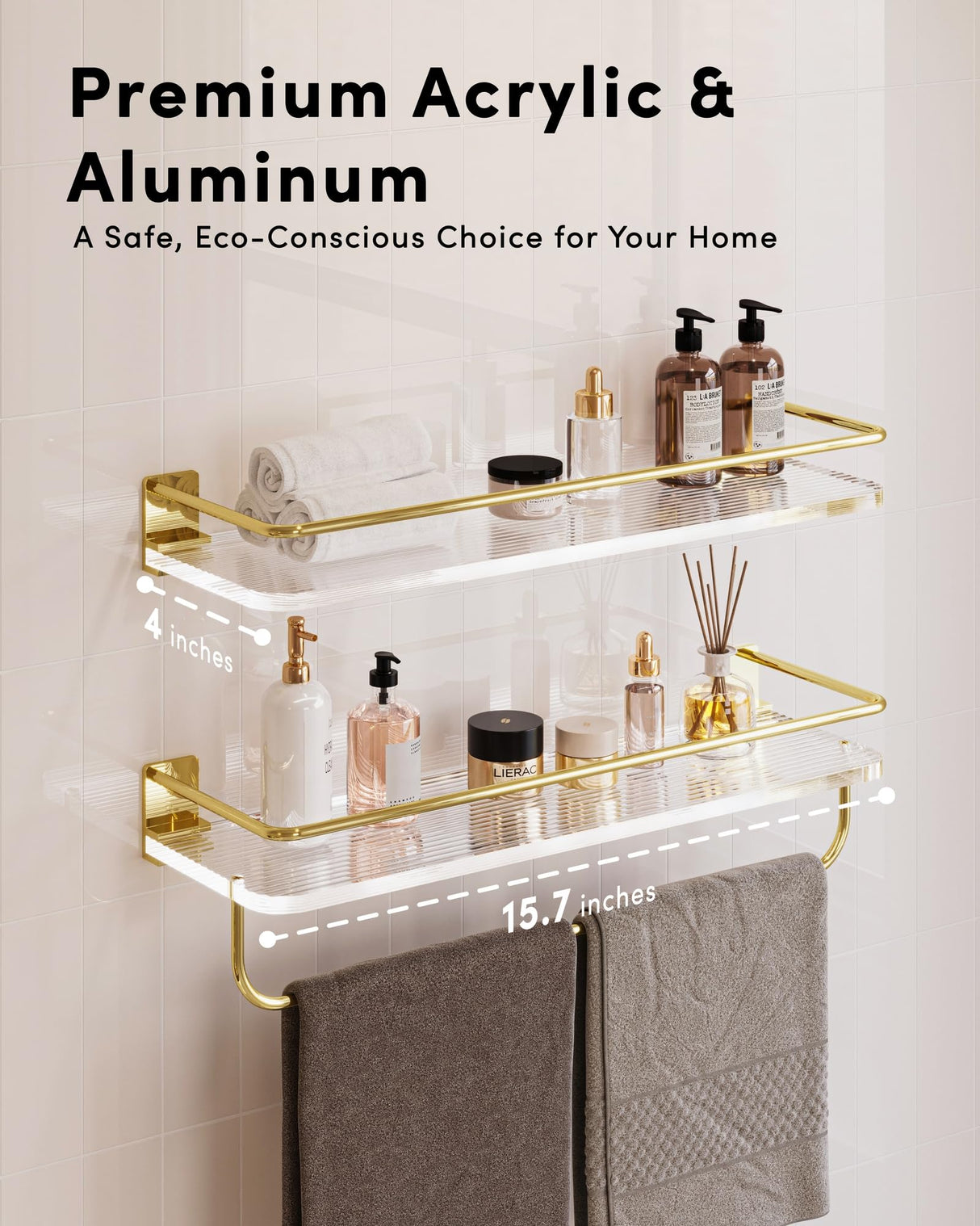 Onlysky Adhesive Bathroom Shelves, Acrylic Floating Bathroom Shelves, Rental Friendly Wall Shelf No Drill (Gold, 15.7 Inches) Onlysky