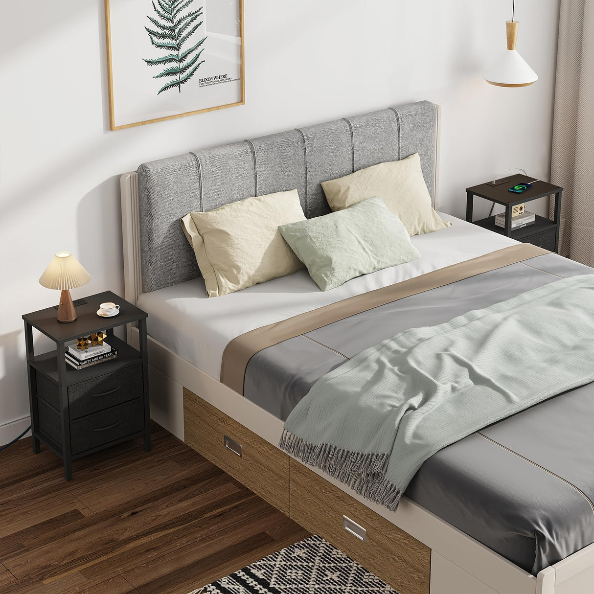 TUTOTAK End Table with Charging Station, Side Table with 1 USB & 1 USB- C type Port and Outlets, Nightstand with Cloth Drawer, Set of 2, Couch Table, Black TB01BK067 TUTOTAK