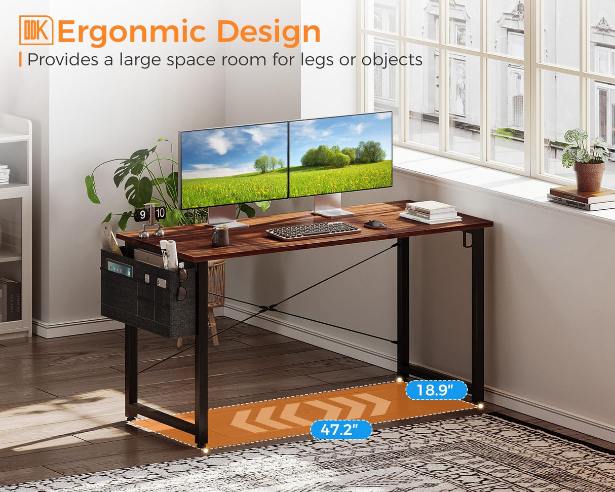 ODK Computer Desk Large Office Desk, 48 Inch Gaming Desk with Storage, Modern PC Desk Work Table with Headphone Hook for Home Office, Deep Brown ODK
