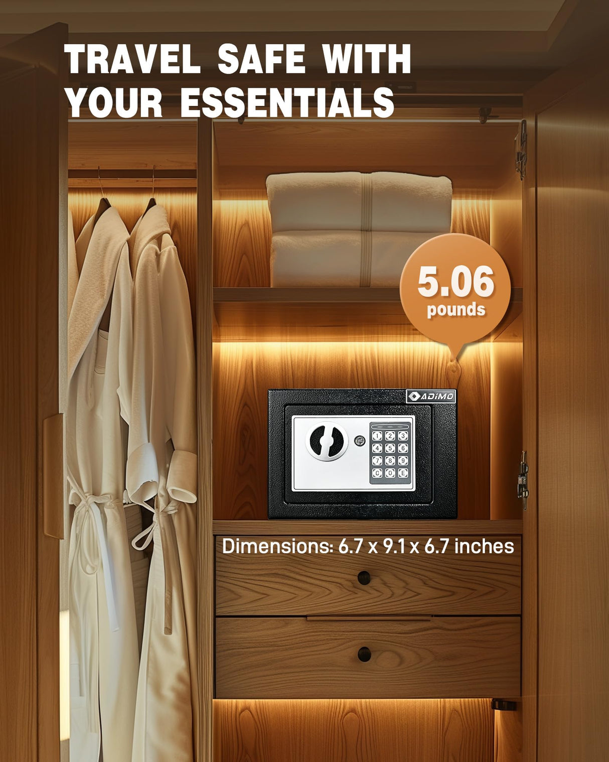 Safe Box, Small Safe for College Dorm Room, Money Safe with Fireproof Safe Bag for Cash or Document, Keys &Pass Code Home Safe with Wall Safe Kits, 0.23Cu Ft Hidden Safe for Home Office Hotel Business ADIMO