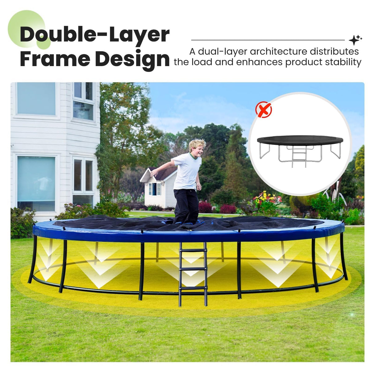 Zupapa 1800LBS Weight Capacity 2025 Double Frames Trampoline with No-Gap Design Curved Poles 16 15 14 12FT Trampolines for Kids with Enclosure Net Outdoor Trampolin for Children Adults Family Zupapa