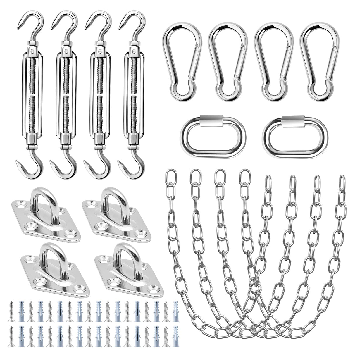 TooTaci Sun Shade Sail Hardware Kit Rectangle,304 Stainless Steel Hanging Chains 1M× 4pcs, 54pcs 6 inch Shade Sail Hardware Kit with Chains for Sun Sail Installation,Outdoor,Pergola,Patio Canopys TooTaci