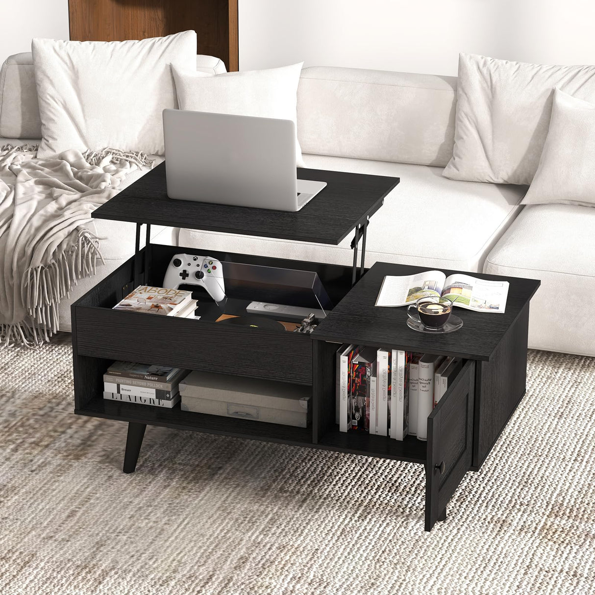 Tangkula Lift Top Coffee Table with Storage, Living Room Table with Hidden Compartment, Cabinet & Open Shelf, Flip Top Center Table, Pull up Coffee Table for Home, Office (Black) Tangkula