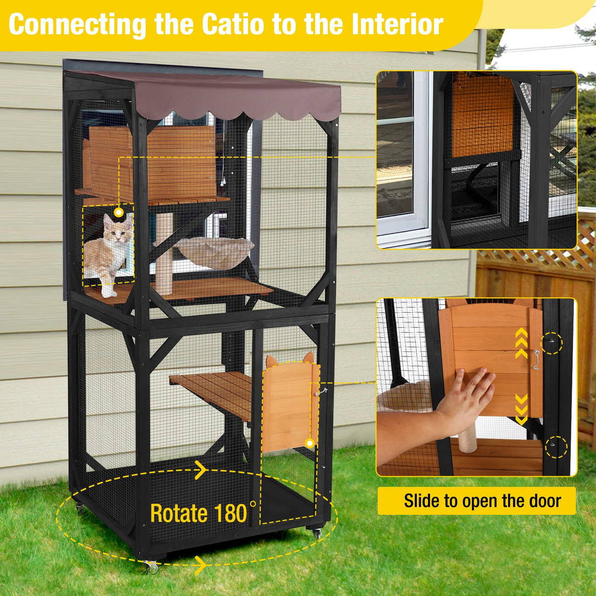 Aivituvin Catio Outdoor Cat Enclosure on Wheels Indoor Kitty House with Cat Bed, Scratching Post, Jumping Platforms, Waterproof Roof Aivituvin