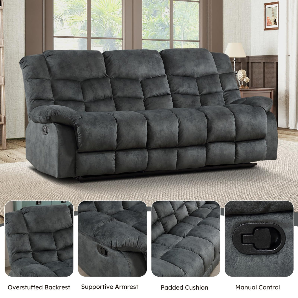EBELLO Reclining Sofa Furniture Set, Loveseat Recliner Sofa and 3PC Bonded Manual Recliner Set for Living Room, Grey Green (Loveseat+Sofa) EBELLO