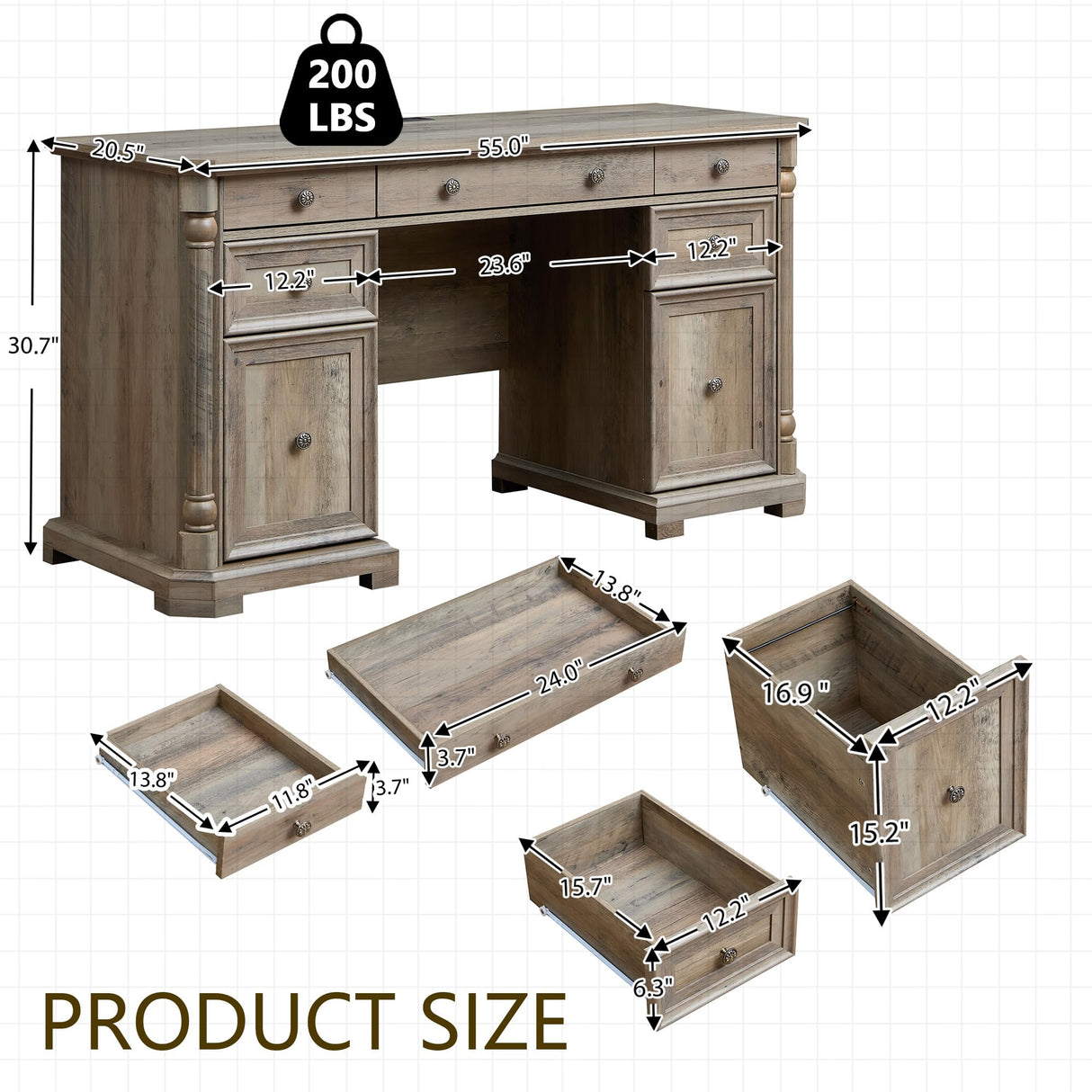 Yechen 55'' Wood Executive Desk with 7 Drawers - Farmhouse Home Office Desks with Power Outlet, Wooden Computer Desk with Roman Columns, Rustic Writing Table for Work & Study, Weathered Reclaimed Oak Yechen