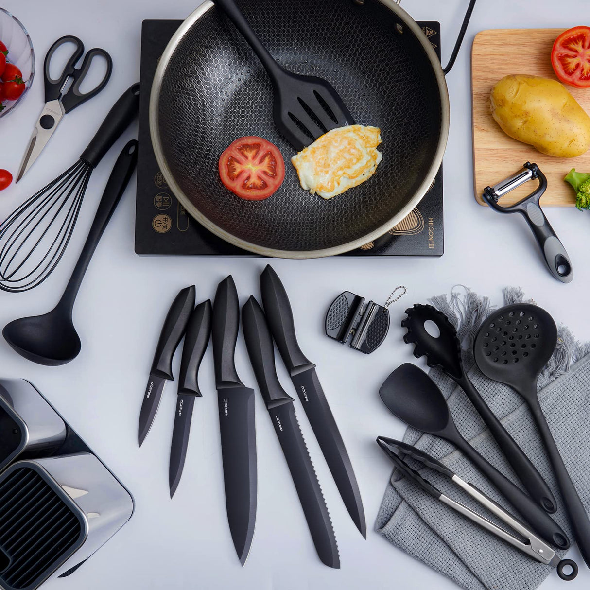 RAXCO Kitchen Utensils Set for Cooking-7 Cooking Utensils,6 Knife set Black,5 Utensil Sets,utensilios de cocina(18-in-1) RAXCO