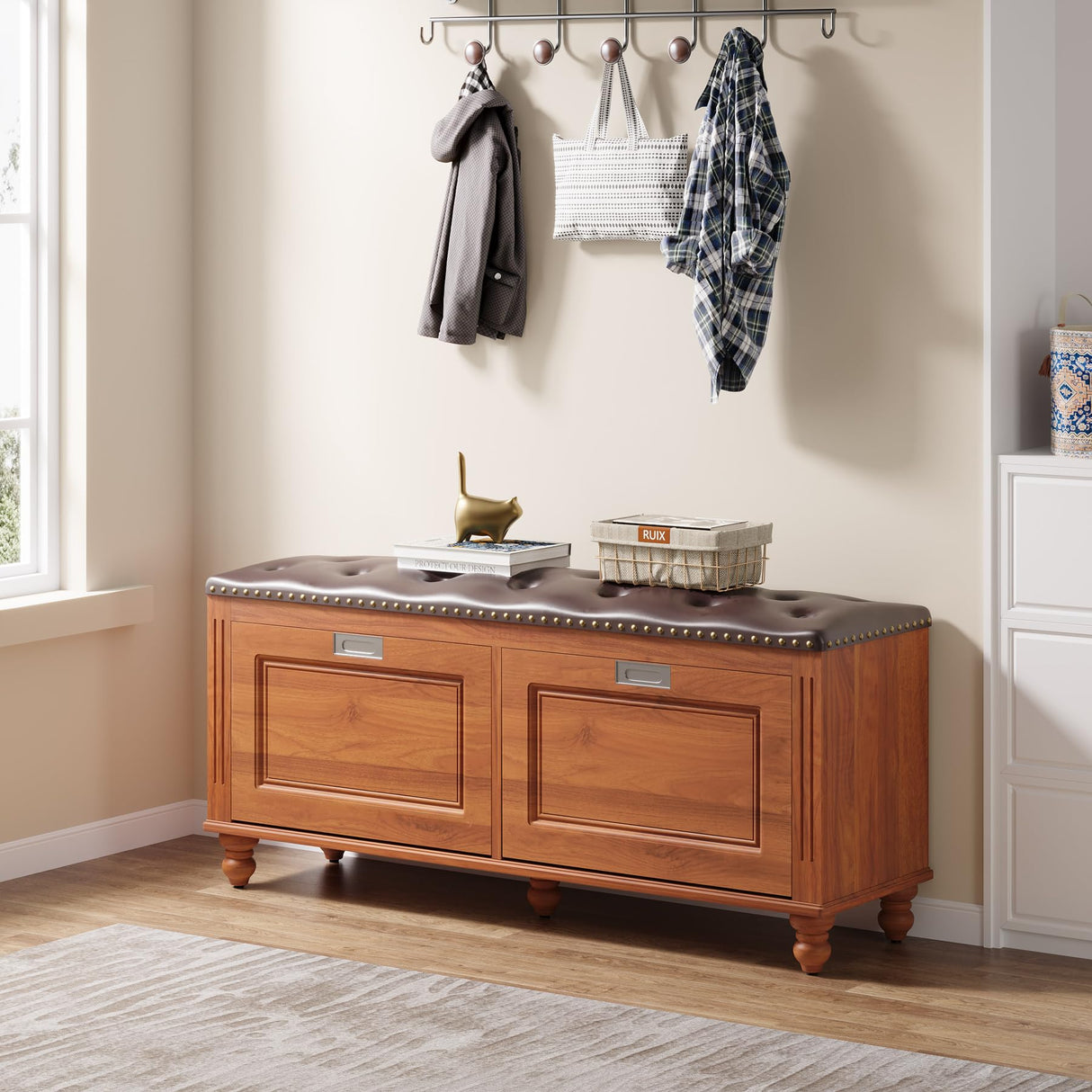 Tribesigns Shoe Storage Bench with 2 Flip Drawers, Entryway Shoe Bench with Tufted Leather Seating, Hallway Bench with Shoe Storage Cabinet, Hidden Shoe Organizer, Solid Wood Legs Tribesigns