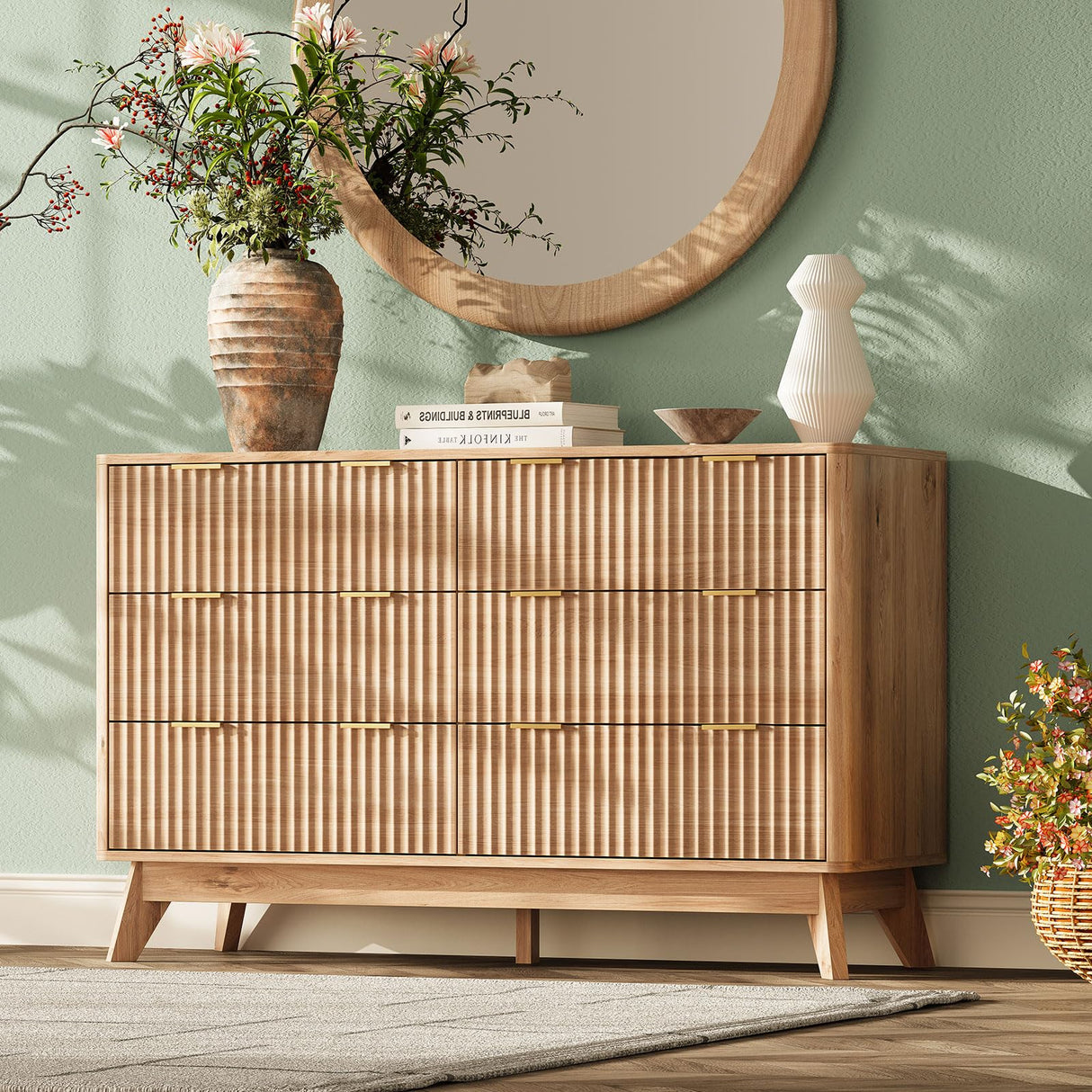 TROJM 47'' Wide 6 Drawers Dresser for Bedroom,Modern Fluted Vertical Chest with Rounded Corners,Fluted Dresser for Living Room,Hallway, Natural Wood TROJM