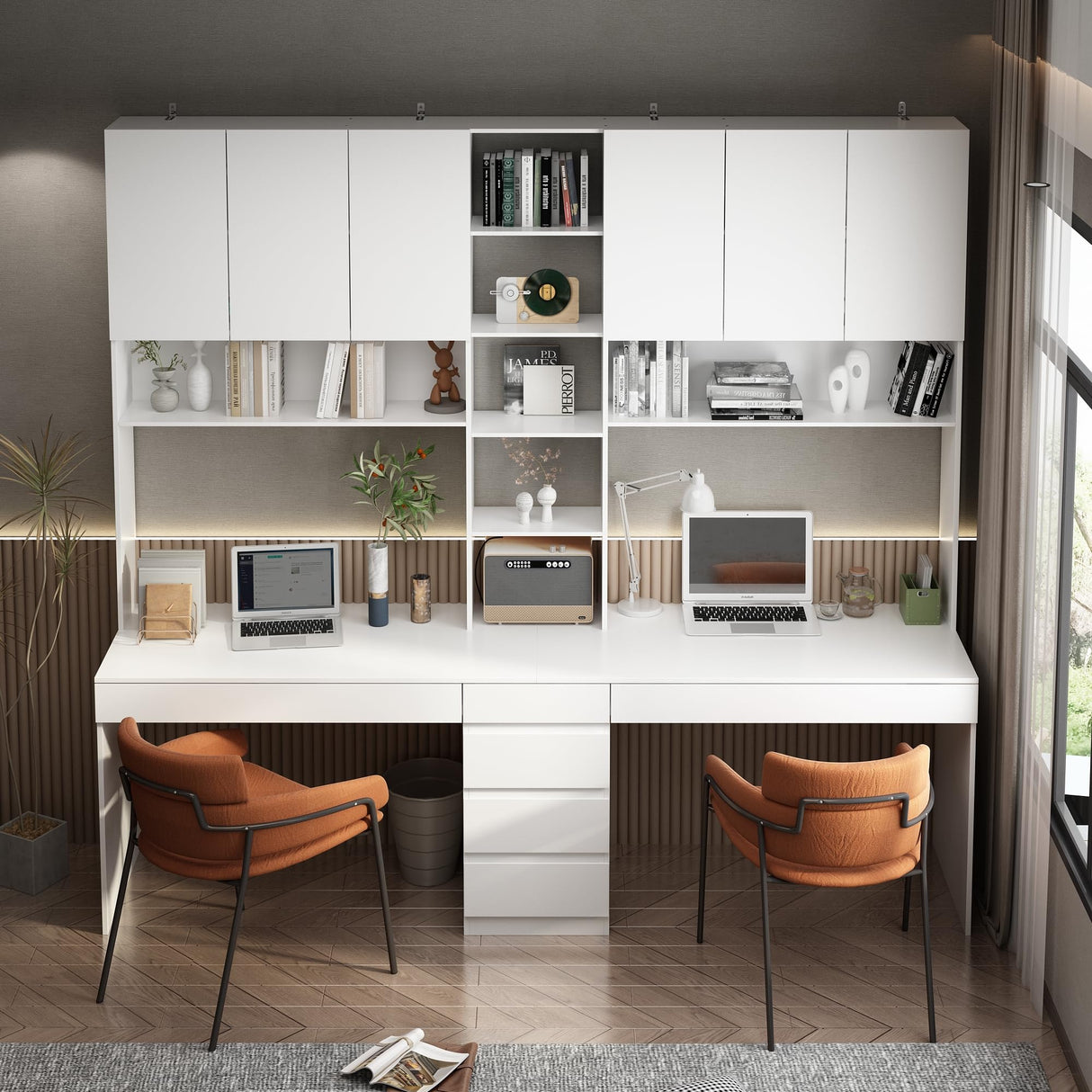 Homsee Modern 2-in-1 White Computer Desk with Tall Bookshelf for Two, 94.5" Office Writing Study Table with Ample Storage Homsee