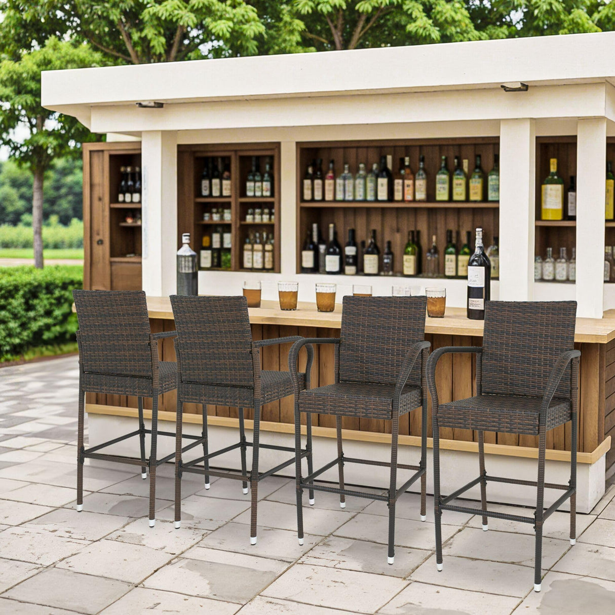 ZENY Set of 2 Wicker Barstool All Weather Dining Chairs Outdoor Patio Furniture Wicker Chairs Bar Stool with Armrest ZENY