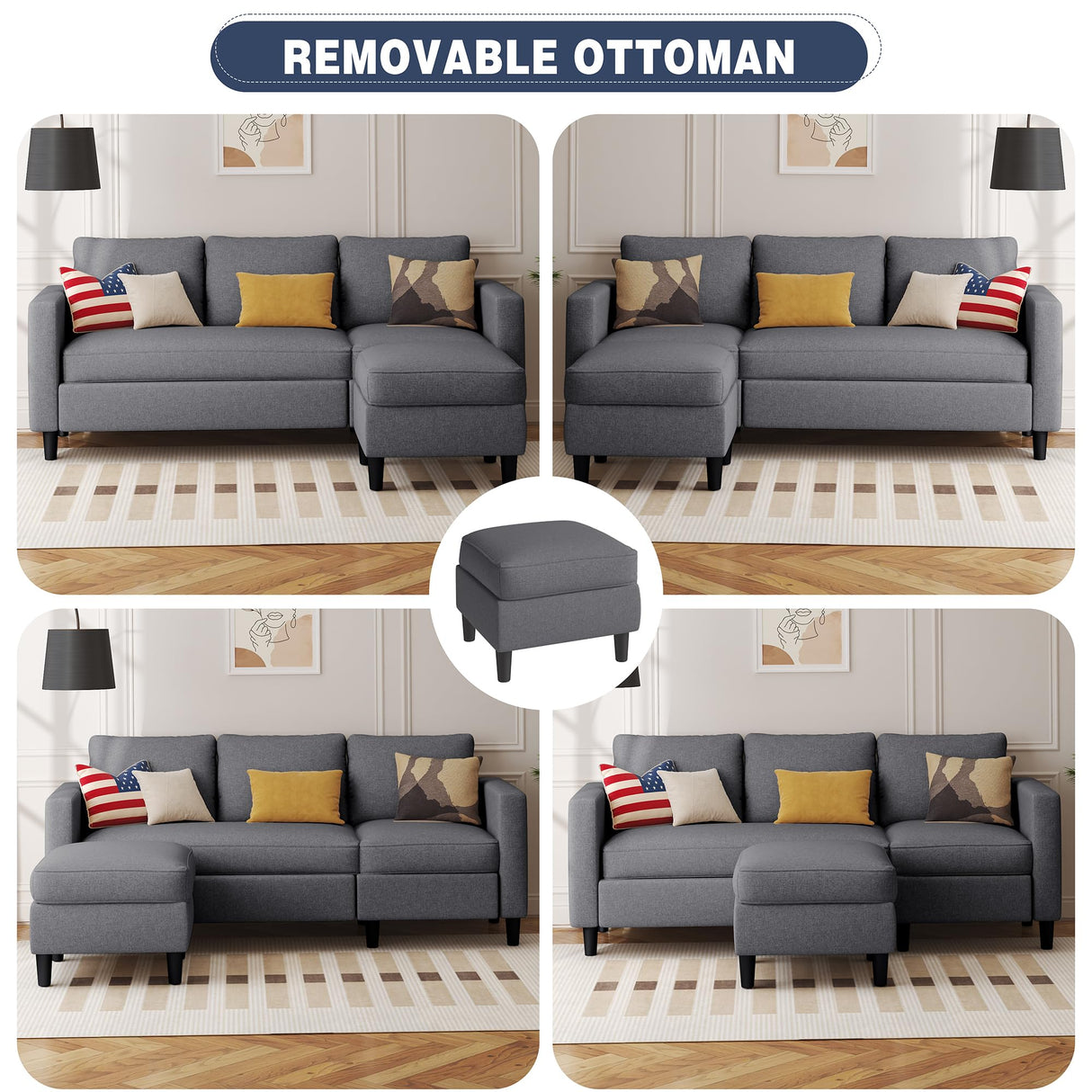 Shintenchi Small Sectional Couch Sofas, L Shape Sofa with Ottoman, Fabric Upholstered Convertible Sofa Couches, Small Couch for Apartments, Living Room and Office (Dark Grey) Shintenchi