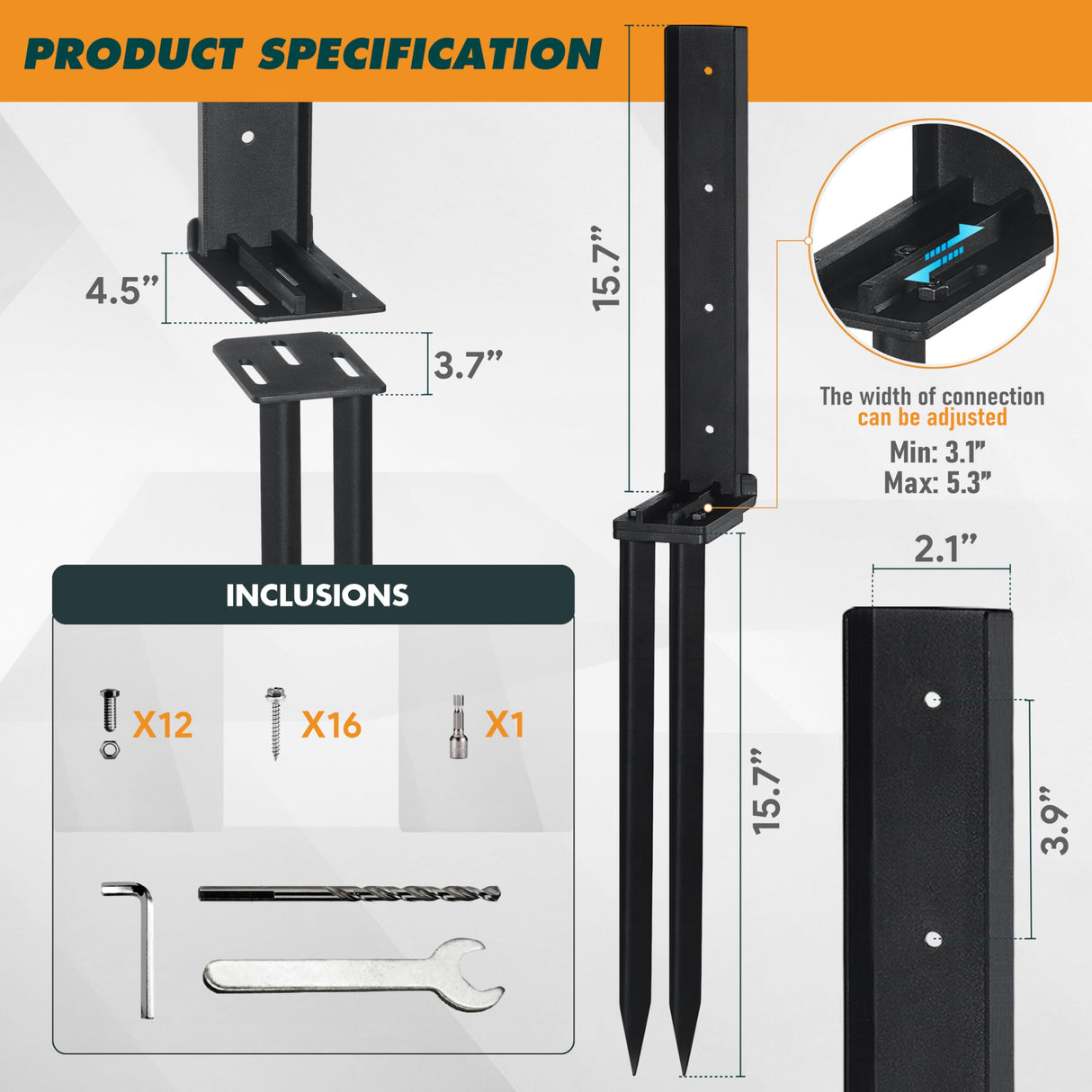 TANIVO 4 Pack Heavy Duty Steel Fence Post Anchor Repair Kit with Adjustable Width Connection and Reinforced Base for Repairing Tilted/Broken Wood Fence Post Support TANIVO