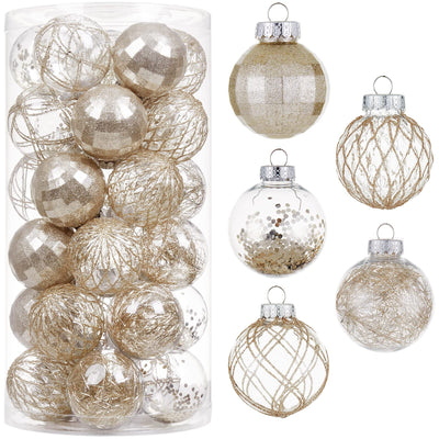CristBest 30ct Christmas Ball Ornaments-60mm/2.36" Shatterproof Clear Plastic Xmas Balls Baubles Set with Stuffed Delicate Sparkling, Hanging Christmas Tree Decorations (Champagne Gold)