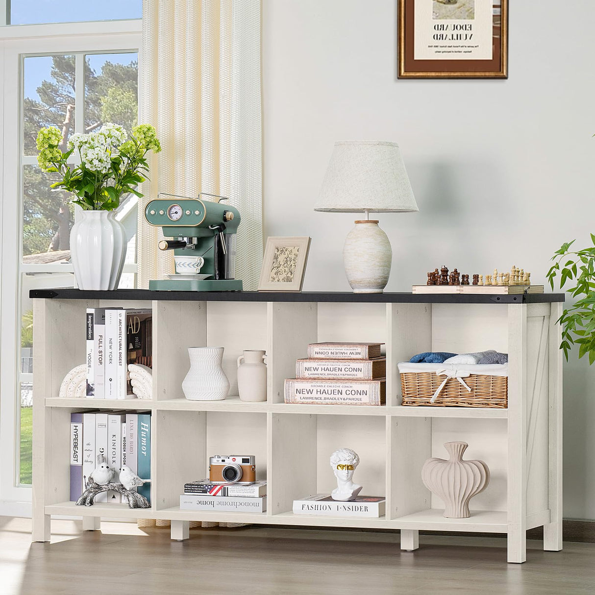 Joaxswe 8 Cube Book Shelf, Farmhouse Wood Long Storage Organizer Bookcase, 62" Horizontal Antique White & Black Console Bookshelf, Kids Toy Storage Cabinet, Modern Open Book Case for Playroom, Office Joaxswe