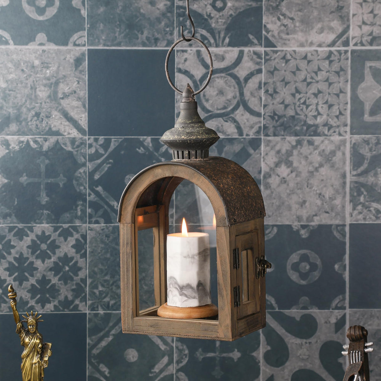 12" High Wooden Dome Lantern Made of Solid Fir Wood and Real Glass in Rustic Brown Finish with Rustic Metal Top, Hurricane Lantern, Farmhouse Lantern (1, Brown, Small) twakutwaku