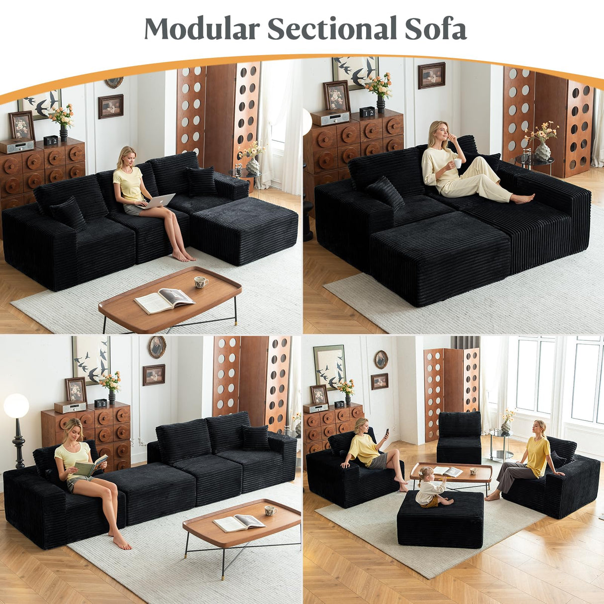 MODNEST 108" Modular Sectional Sofa Cloud Couch with Deep Seats, L Shape Foam Couch with Chaise and Movable Ottoman, Sectional Couches for Living Room, Comfy Boneless Sofa No Assembly, Black MODNEST