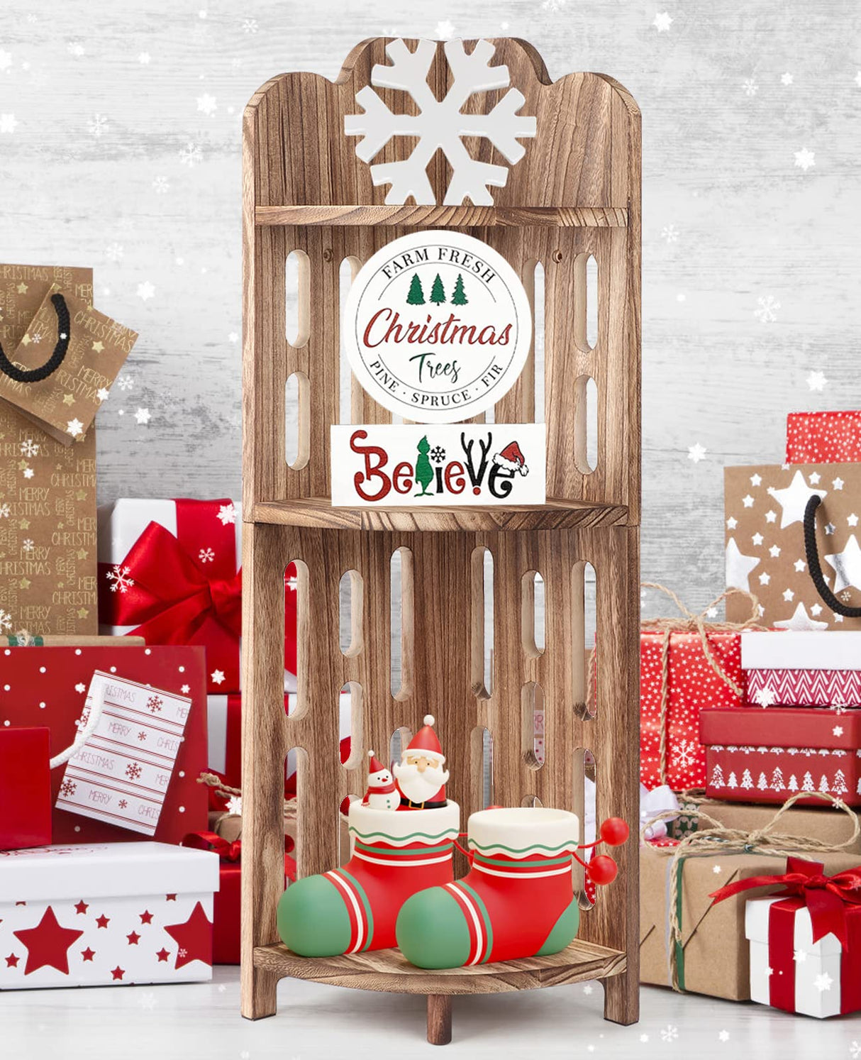 Meangood 3-Tier Rustic Corner Shelf Stand in Carbonized Black - Solid Wood Display for Small Spaces Meangood